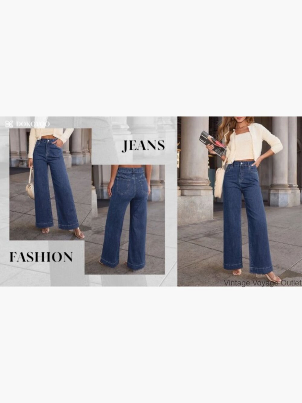 High Waisted Wide Leg Stretch Denim Pants with Pockets - Picture 6 of 7
